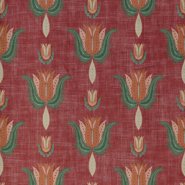 Brick-red botanical fabric with green leaves, ochre petals and ivory accents in a woven grid