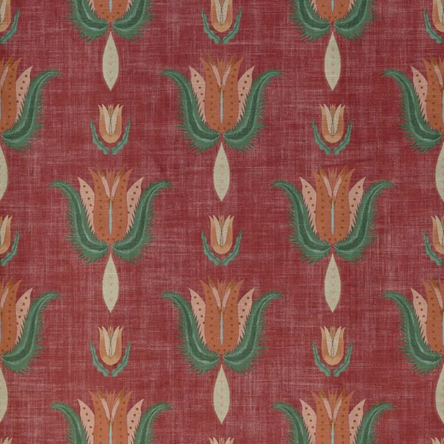 Brick-red botanical fabric with green leaves, ochre petals and ivory accents in a woven grid