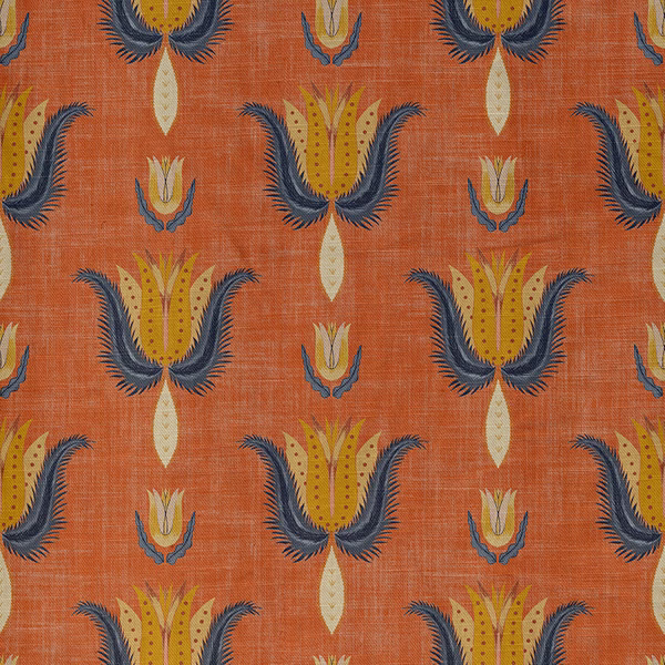 Burnt terracotta woven ground with ochre tulip forms and navy feathered leaves