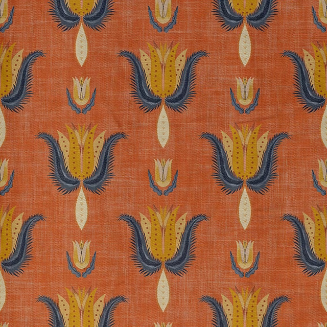 Burnt terracotta woven ground with ochre tulip forms and navy feathered leaves