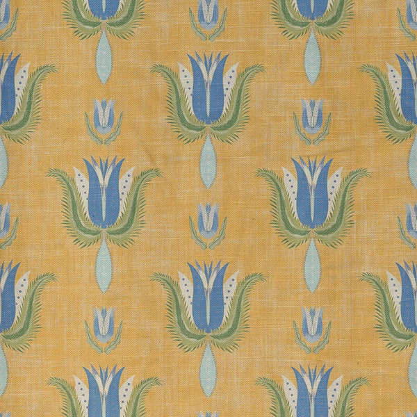 Ochre woven fabric with repeating blue tulip and green leaf motifs