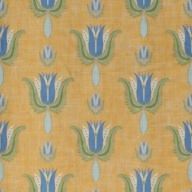 Ochre woven fabric with repeating blue tulip and green leaf motifs