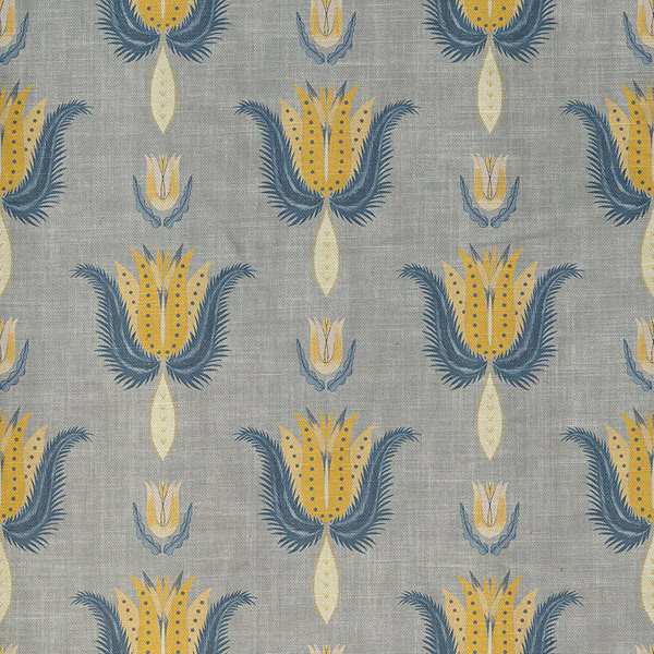Cool grey Benezet textile with mustard botanical fans and feathery blue leaves
