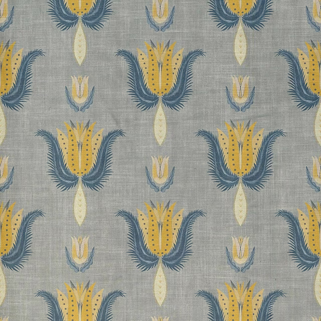 Cool grey Benezet textile with mustard botanical fans and feathery blue leaves