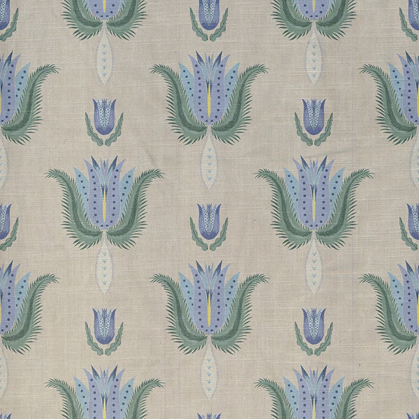 Linen-beige woven fabric with muted blue tulips and sage feathery foliage