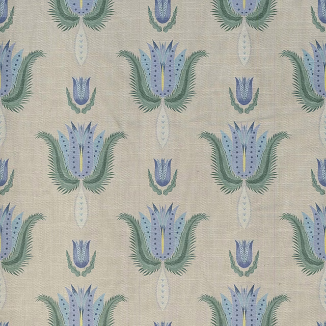 Linen-beige woven fabric with muted blue tulips and sage feathery foliage