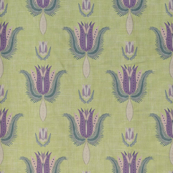 Muted lime green fabric with repeating plum botanical motifs and blue-grey feathery leaves