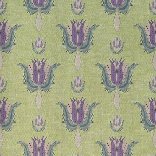 Muted lime green fabric with repeating plum botanical motifs and blue-grey feathery leaves
