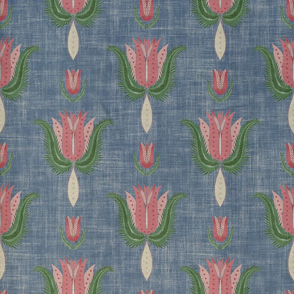 Muted blue woven ground with coral tulips, green leaves and cream teardrop motifs