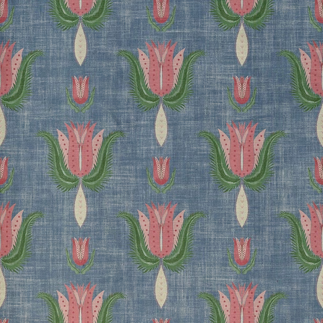 Muted blue woven ground with coral tulips, green leaves and cream teardrop motifs