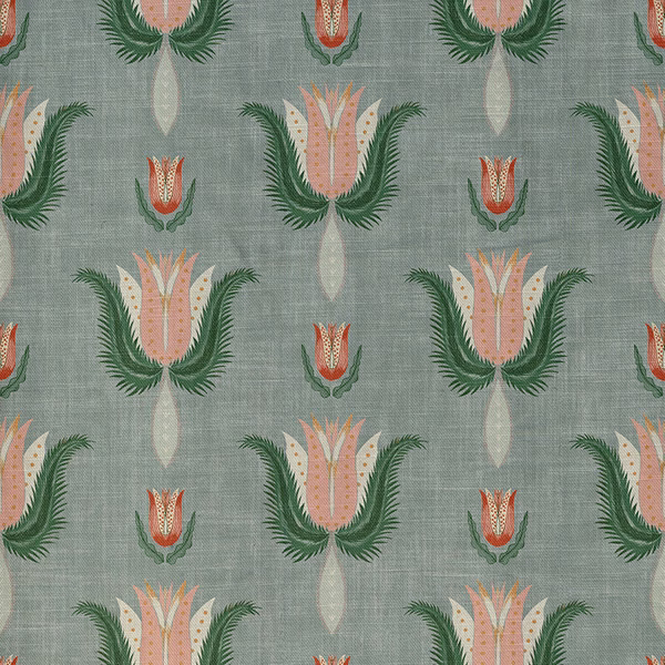 Muted sage woven fabric with peach flowers, ivory stems and deep green leafy fronds