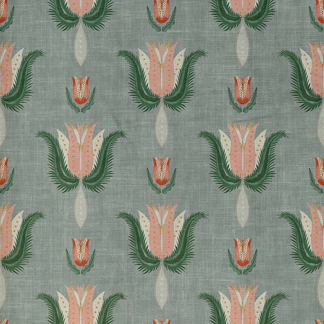 Muted sage woven fabric with peach flowers, ivory stems and deep green leafy fronds
