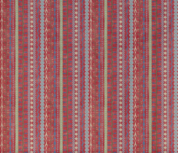 Muted brick-red woven stripe with blue, olive and cream geometric vertical details