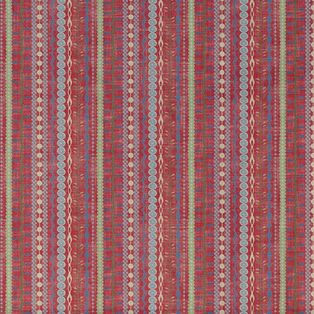 Muted brick-red woven stripe with blue, olive and cream geometric vertical details