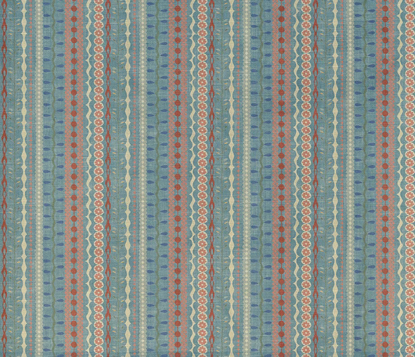 Muted blue-green textile with coral geometric stripes and fine cream motifs