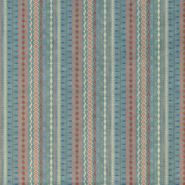 Muted blue-green textile with coral geometric stripes and fine cream motifs