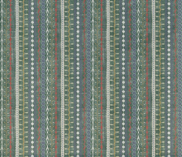 Muted sage and blue-grey vertical stripes with ivory loops and rust-red accents