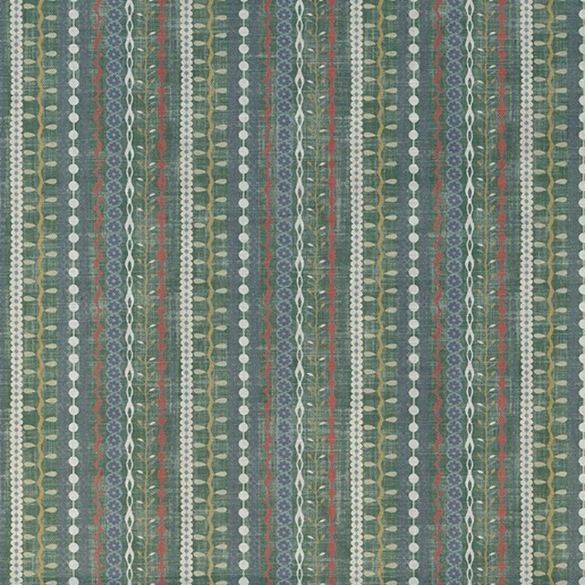 Muted sage and blue-grey vertical stripes with ivory loops and rust-red accents