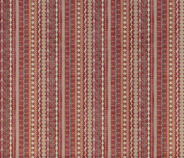 Muted brick-red woven swatch with cream chain motifs and taupe vertical stripes