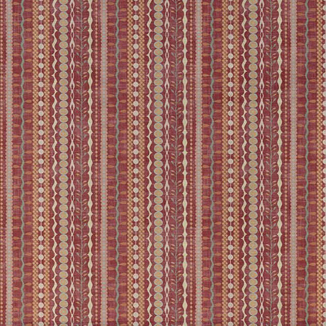 Muted brick-red woven swatch with cream chain motifs and taupe vertical stripes