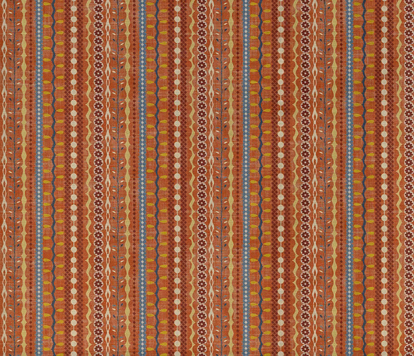 Rust and ochre geometric vertical stripes with teal, cream and brown woven accents
