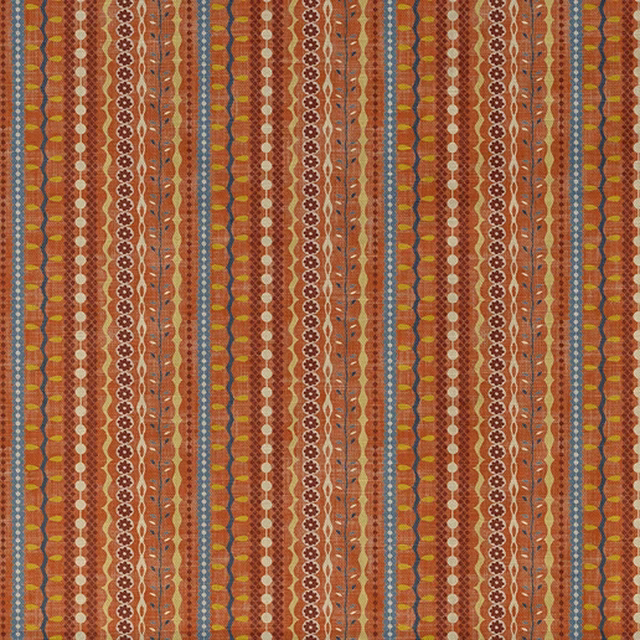 Rust and ochre geometric vertical stripes with teal, cream and brown woven accents