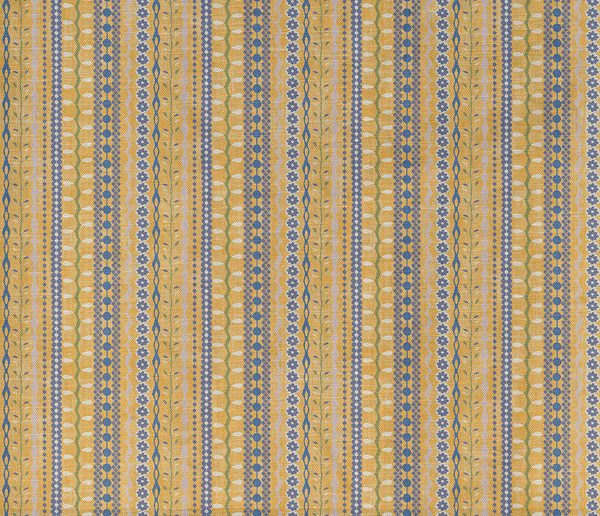 Ochre-gold woven stripes with blue-grey diamonds and cream geometric detailing