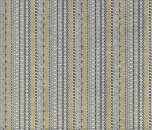 Blue-grey woven fabric with vertical dotted stripes, rosettes and ochre accents