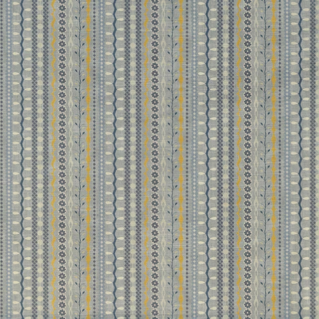 Blue-grey woven fabric with vertical dotted stripes, rosettes and ochre accents
