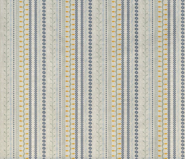 Pale grey striped textile with blue-grey floral columns and ochre accents