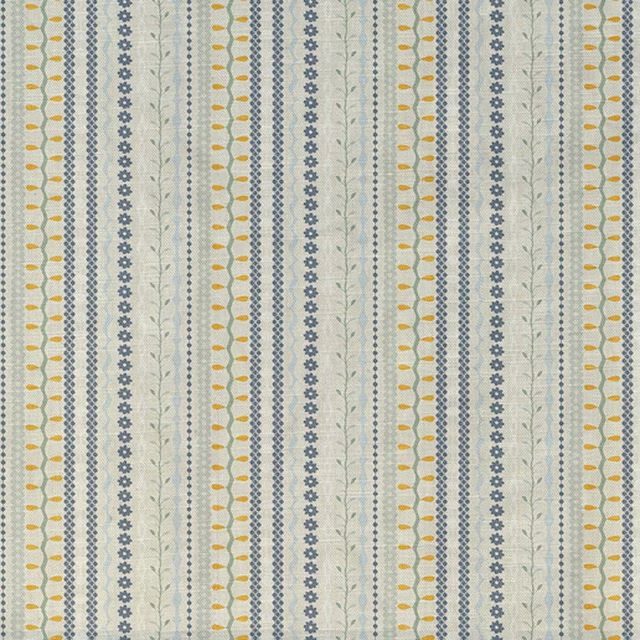Pale grey striped textile with blue-grey floral columns and ochre accents