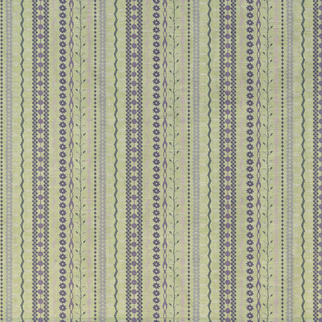 Pale olive striped textile with charcoal floral columns and fine dotted lines