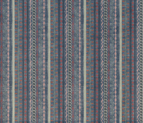 Blue-grey woven stripe with teal, rust and cream geometric vertical bands