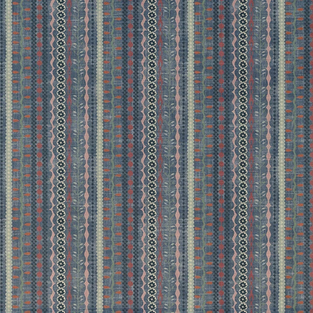 Blue-grey woven stripe with teal, rust and cream geometric vertical bands