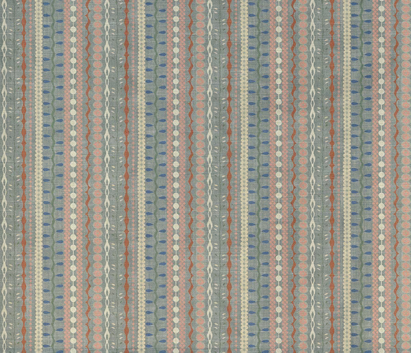 Sage-grey striped textile with dusty coral, blue and ivory woven vertical motifs
