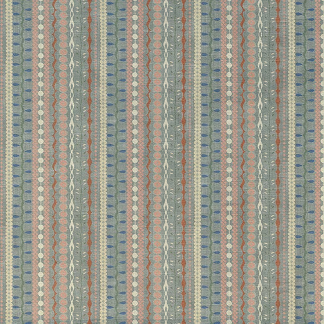 Sage-grey striped textile with dusty coral, blue and ivory woven vertical motifs