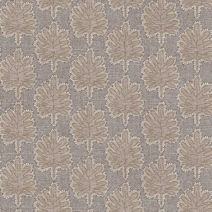 Taupe stylised leaf motifs repeated across a textured grey woven ground