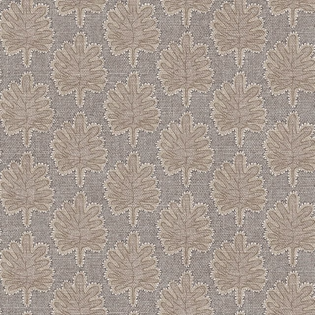 Taupe stylised leaf motifs repeated across a textured grey woven ground