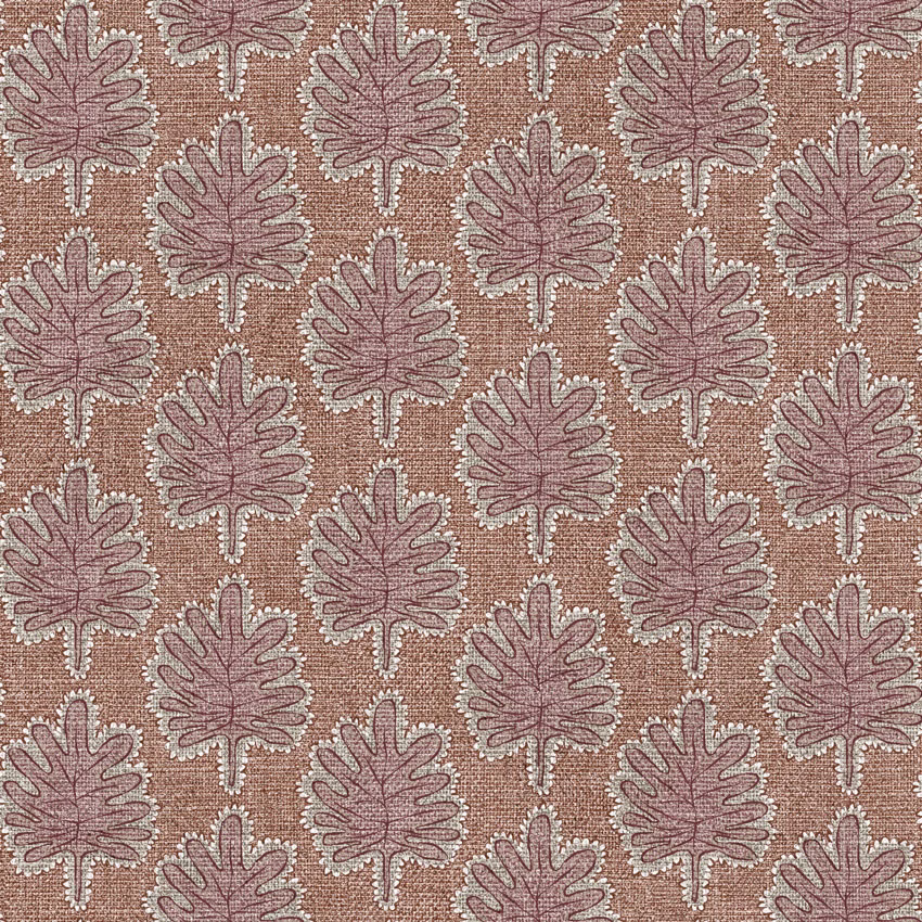Dusty rose leaf motifs on a warm taupe-brown textured woven ground