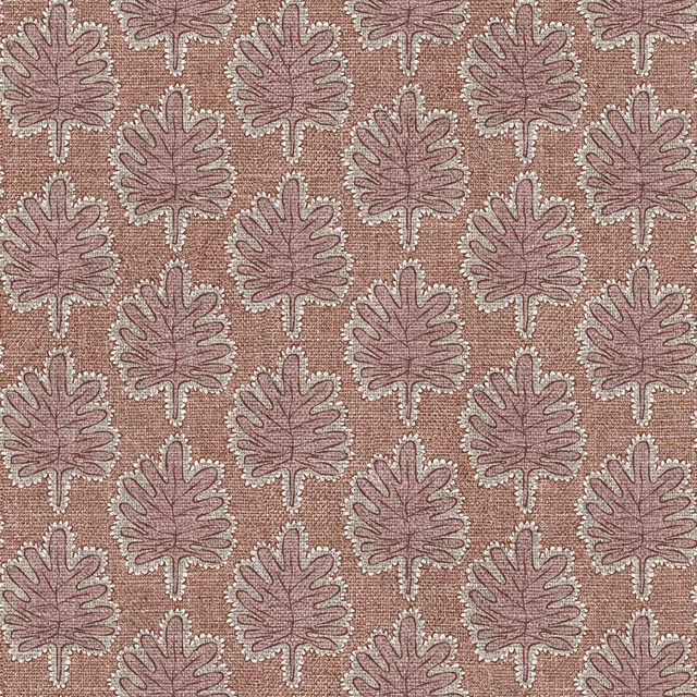Dusty rose leaf motifs on a warm taupe-brown textured woven ground
