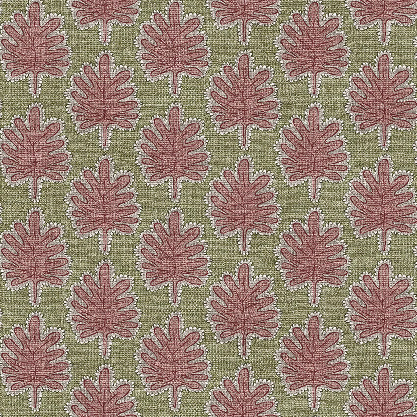 Muted olive woven fabric with repeating dusty rose stylised leaf motifs