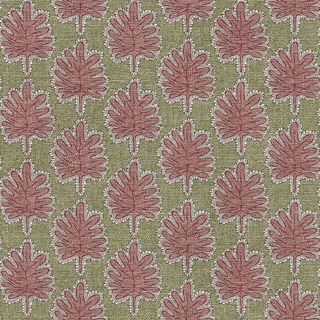Muted olive woven fabric with repeating dusty rose stylised leaf motifs