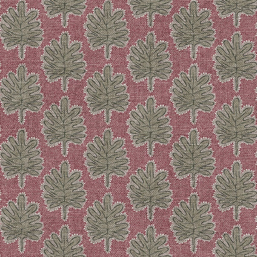 Dusty rose woven textile with repeating olive lobed leaf motifs and dark outlined details