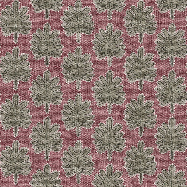 Dusty rose woven textile with repeating olive lobed leaf motifs and dark outlined details