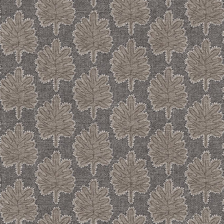 Charcoal-grey woven ground with repeated taupe oak leaves and fine textured detail
