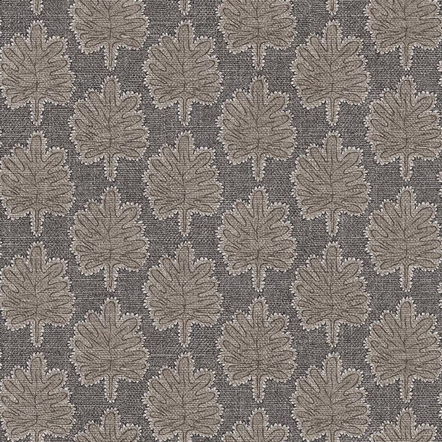 Charcoal-grey woven ground with repeated taupe oak leaves and fine textured detail