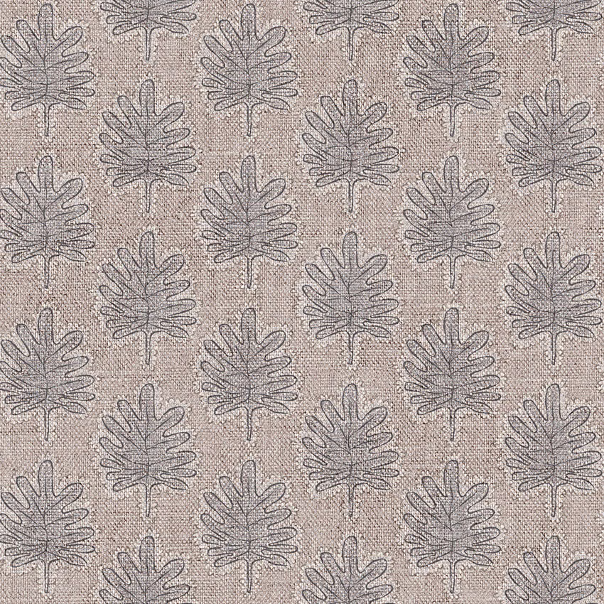 Warm taupe woven ground with repeating charcoal-grey outlined leaf motifs