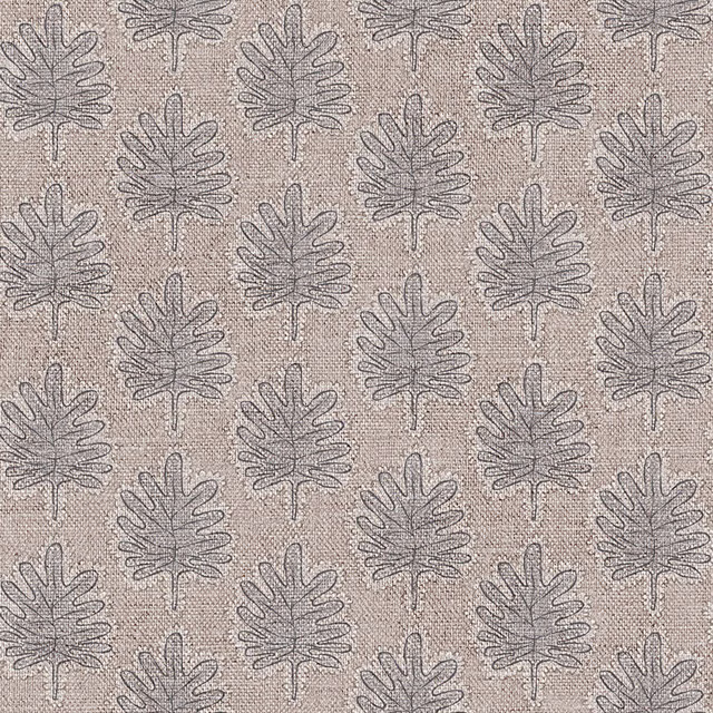 Warm taupe woven ground with repeating charcoal-grey outlined leaf motifs