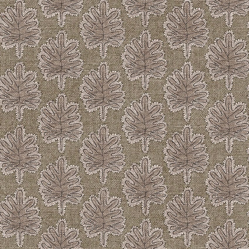 Muted olive-taupe upholstery textile with pale-edged lobed leaf motifs and grainy woven texture