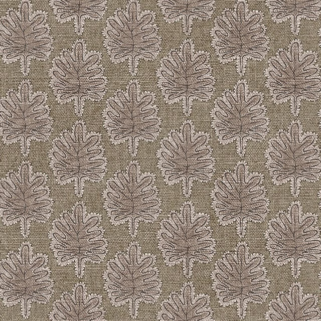 Muted olive-taupe upholstery textile with pale-edged lobed leaf motifs and grainy woven texture